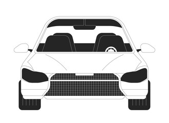 Modern car with empty salon black and white 2D line cartoon object. Fast vehicle. Personal transport front view solated vector outline item. Driving automobile monochromatic flat spot illustration