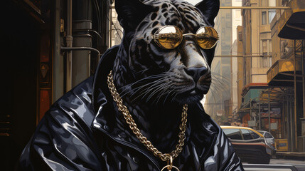 A black panther wearing sunglasses and a gold chain necklace
