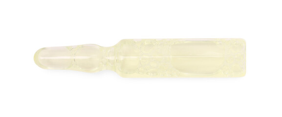 One glass ampoule with liquid isolated on white, top view