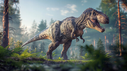 A large T-Rex is walking through a forest - obrazy, fototapety, plakaty