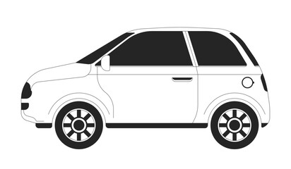 Hatchback car model black and white 2D line cartoon object. Comfortable family automobile. Driving auto isolated vector outline item. Two door transport riding monochromatic flat spot illustration