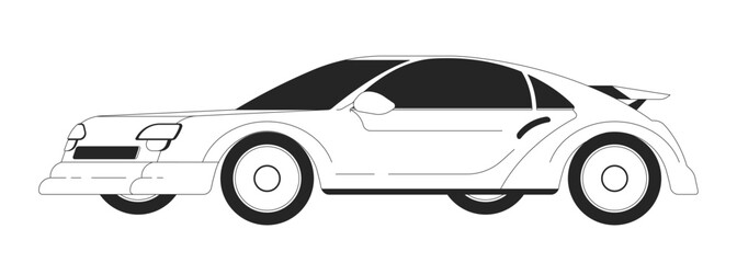 Modern racing car model black and white 2D line cartoon object. Fast sports vehicle for competitions isolated vector outline item. Driving automobile on high speed monochromatic flat spot illustration