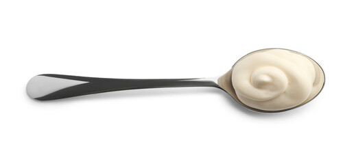 Natural yogurt in spoon isolated on white, top view