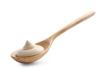 Natural yogurt in wooden spoon isolated on white