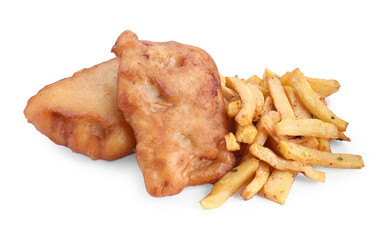 Tasty fish and chips isolated on white