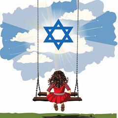 illustration of  Israel and Jewish girl under the sky with the star of david, future. Backdrop of clouds and sunshine. Israel and jew. - obrazy, fototapety, plakaty