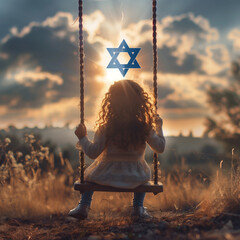illustration of  Israel and Jewish girl under the sky with the star of david, future. Backdrop of clouds and sunshine. Israel and jew. - obrazy, fototapety, plakaty