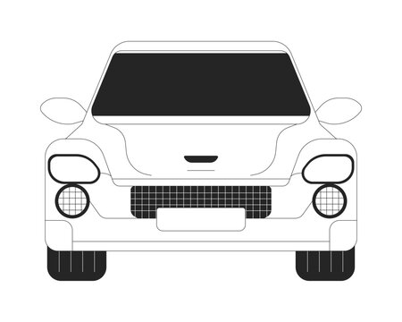 recommend clip art: Car model front view black and white 2D line cartoon object. Comfortable auto with dark windshield isolated vector outline item. Driving automobile along road monochromatic flat spot illustration