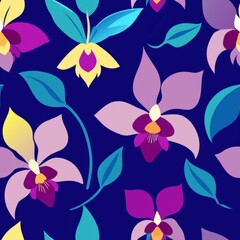 Seamless pattern of elegant orchids in exotic hues of purple, blue, and magenta, Generative AI