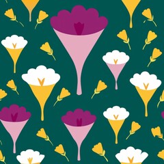 Seamless pattern of fragrant freesias with funnel-shaped blooms in assorted colors, Generative AI
