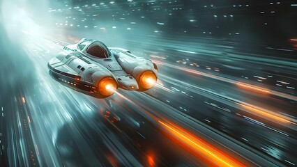 Sci-Fi Spaceship Accelerating on Runway with Dynamic Speed Blur Effect. Concept Spaceship Photography, Sci-Fi Art, Speed Blur Technique, Dynamic Acceleration, Aerodynamic Design