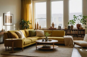 Cozy Living Room with Earthy Neutral Tones Modern Decor and Natural Light, beige and dark atmosphere
