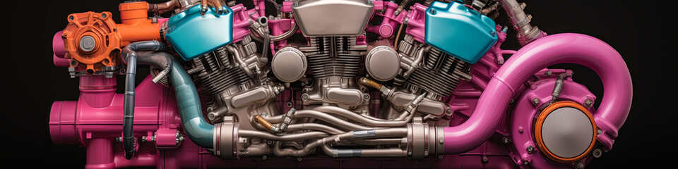 A colorful engine with pink, blue, and orange parts