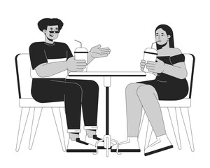 Plump friends resting in cafe black and white 2D line cartoon characters. Plus sized couple outing isolated vector outline people. Diversity and body positive monochromatic flat spot illustration