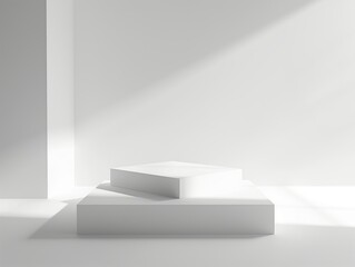 Minimalist white podium with geometric steps bathed in natural light casting soft shadows, ideal for product display.