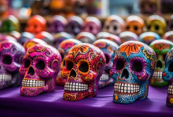 Fototapeta premium Colorful sugar skulls for sale in a souvenir shop in Mexico