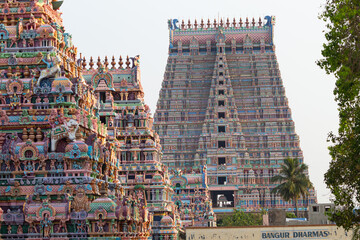 Beautiful Colorful Gopuram of Sri Rangnatha Swamy Temple, it was Built by Chola King Dharmavarma in 100 BCE. One of the Largest Hindu Living Temple,  Srirangam, Tiruchirappalli Tamil Nādu, India. 