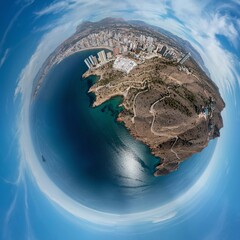 Aerial drone 360 degree tiny planet photo of the town of Benidorm in Spain, showing the whole of...