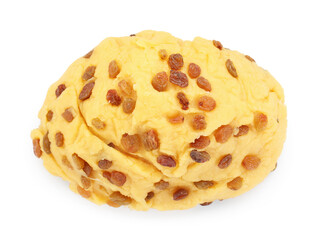 Dough with raisins isolated on white, top view
