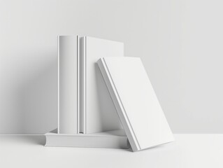 A set of clean white books in a minimalist setup, ideal for design mockups and presentations.