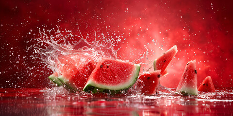 Refreshing Watermelon Splash Juicy Fruit with Splashing Background
