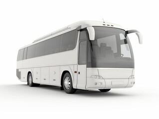 Side view of a sleek white coach bus on a white background, symbolizing travel and tourism.