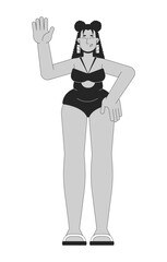 Plump hispanic woman in swimwear black and white 2D line cartoon character. Plus sized female proud of curvy body isolated vector outline person. Overweight monochromatic flat spot illustration