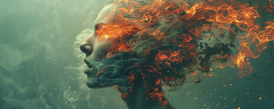 Mind is blown with brain exploding in flames and smoke.