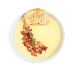 Tasty potato soup with bacon and crouton in bowl isolated on white, top view