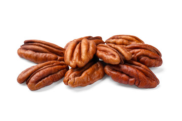 Many tasty pecan nuts isolated on white