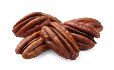 Many tasty pecan nuts isolated on white