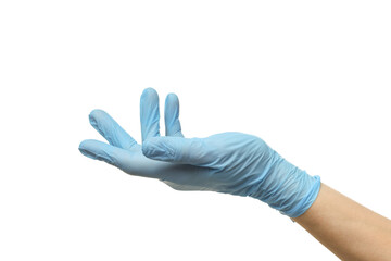 Doctor wearing light blue medical glove holding something on white background, closeup