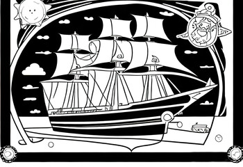 kids coloring book, ship, cartoon, thick lines, black and white, white background, generated by Ai