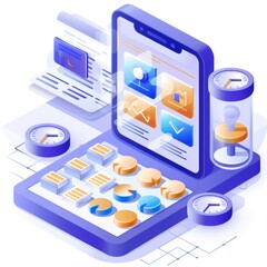 an isometric illustration of a cell phone , calculator , and clocks