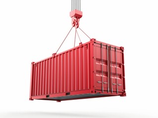 Industrial concept of a red shipping container hanging from a crane hook isolated on white background