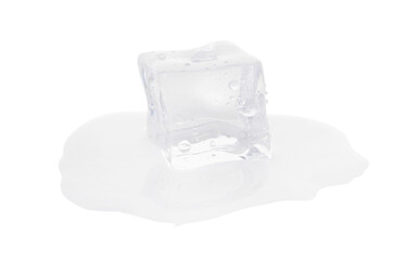 One melting crystal clear ice cube isolated on white