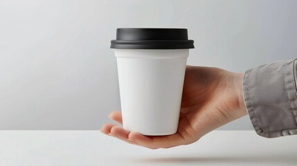 white coffee glass with a black lid in a person's hand on a white background, negative space