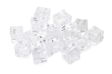 Many crystal clear ice cubes isolated on white