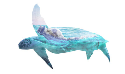Plastic garbage in ocean and turtle, double exposure. Environmental pollution