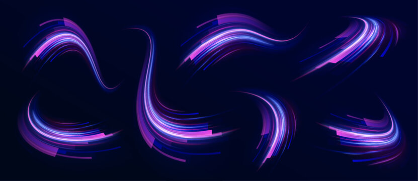 Neon Color Blurred Motion On Speedway. Acceleration speed motion on night road. Concept of leading in business, Hi tech products, warp speed wormhole science vector design. 