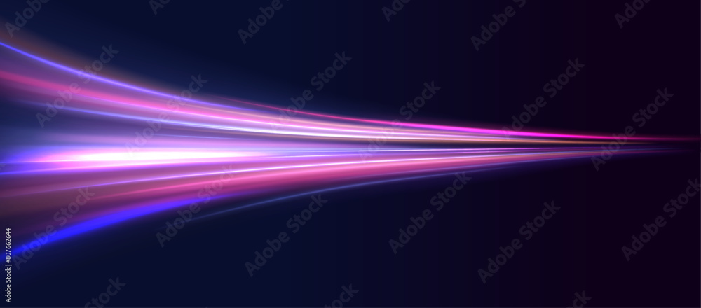 Poster Shining lights in motion with small particles. Ring of fire, Plasma ring on a dark background. eon stripes in the form of drill, turns and swirl.	