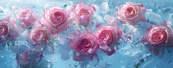 background of pink roses frozen in ice water