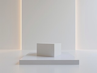 A white cube on a platform in a bright, minimalistic interior, ideal for product showcase.
