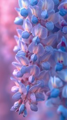 Fototapeta premium Extreme close up of Wisteria's slow bloom, its cascading clusters unfurling like delicate whispers.