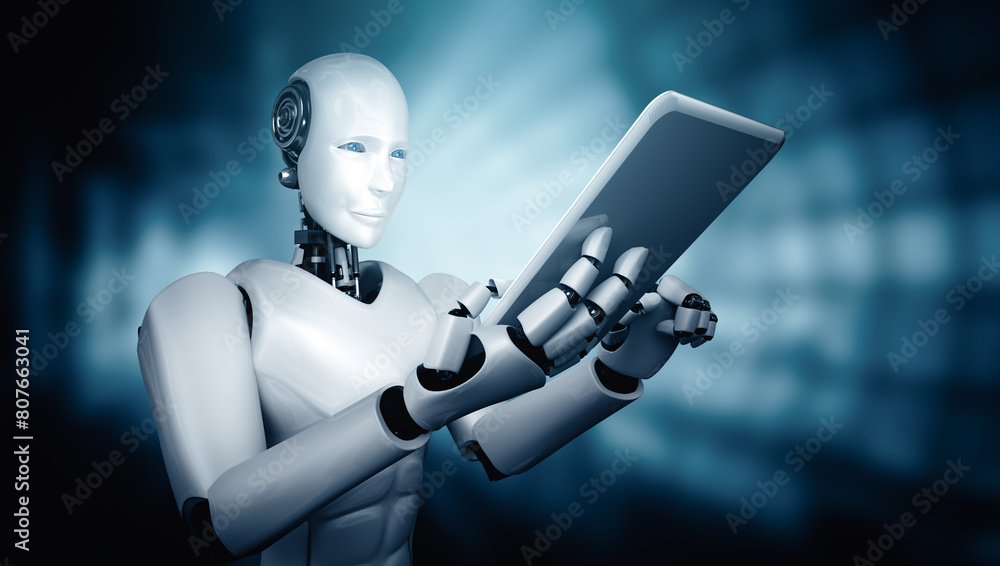 Poster mlp 3d illustration robot humanoid using tablet computer in future office while using ai thinking br