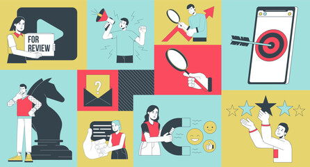 Digital marketing services bento grid illustration set. Sales promotion. Internet marketers 2D vector image collage design graphics collection. Marketing specialists flat characters moodboard layout