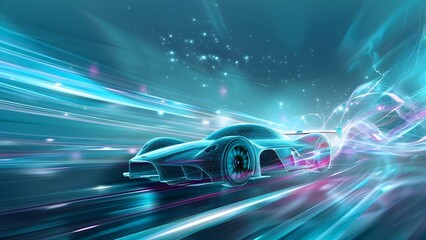 Sport car wireframe resembles a celestial scene with blue and purple hues. Concept Automotive Design, Wireframe Rendering, Celestial Inspiration, Blue and Purple Color Palette, Sport Car Aesthetic