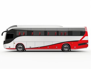 A sleek red and white tour bus isolated against a white backdrop.