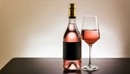 bottle and glass of rosé wine set against a clear background, offering a mock-up opportunity with a blank label. wine's color and the sleek design of the bottle texture - obrazy, fototapety, plakaty