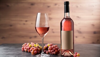 bottle and glass of rosé wine set against a clear background, offering a mock-up opportunity with a blank label. wine's color and the sleek design of the bottle texture